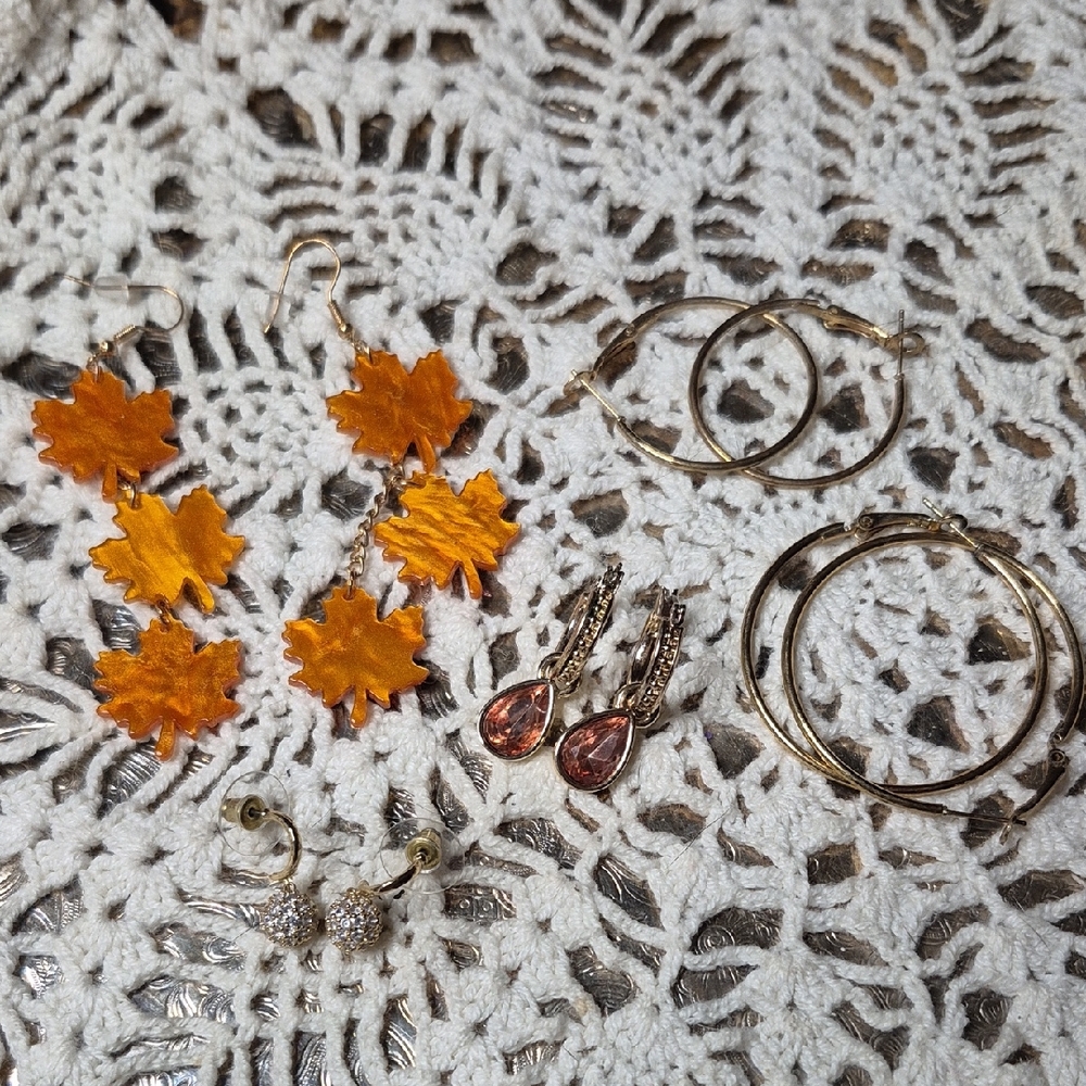 Gold-Tone Orange Leaf Drop, Hoops, Dangle Crystal Earrings